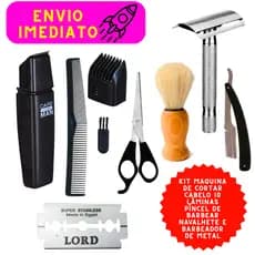 Kit 09 Peças  Máquina de Cortar Cabelo Com Tesoura Pente Escova Para Limpeza Navalhete 10 Lâminas