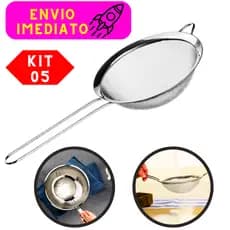 Kit 05 Peneiras Não Solta Nenhum Resíduo Aço Inoxidável 10 Cm Ideal Para o Dia-Dia Aro