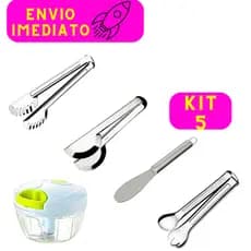 Jogo Kit Utensílios de Cozinha 5 Peças 100% Aço Inoxi Pegador de Massa Pegador de Salada Pegador