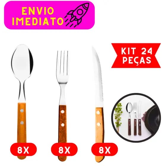 Kit 24 Peças 08 Colher 08 Garfos 08 Facas Cabo De Madeira 100% Aço Inox Tamanho Padrão