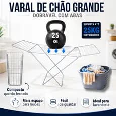 Varal De Chao Grande Dobravel C/ Abas Aço Reforçado area de Servico Retratil Branco P/ Roupas Lavanderia Estendedor