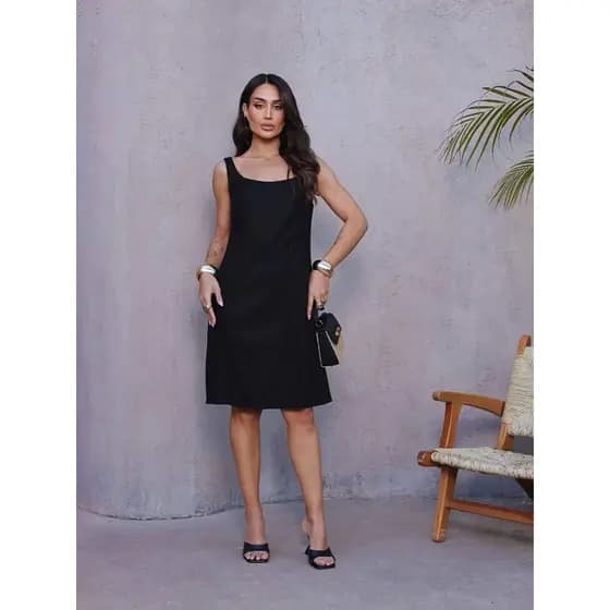 Vestido Feminino Midi Linho Forrado Elegante Moda Verão