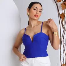 Cropped Feminino Blusa Top Decote em V Alcinha com bojo e zíper Estilo Blogueira Tecido Bengaline