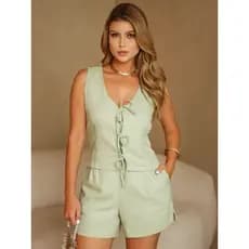 Conjunto Feminino Colete e Short Linho Forrado Moda Verão Alfaiataria