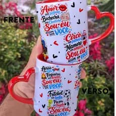 Caneca Porcelana com alça de coração para presente Namorados Casal 'Sou eu assim sem você'