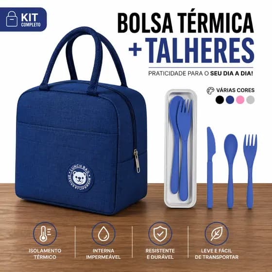 Kit Bolsa Térmica Para Marmita Lancheira Com Alça + Estojo Porta Talher Masculina Feminina