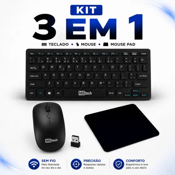 Kit Teclado Sem Fio + Mouse Sem Fio + Mouse Pad
