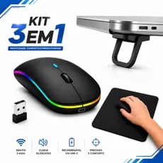 Kit Mouse Sem Fio Silencioso Recarregavel+Suporte Notebook+Mouse Pad