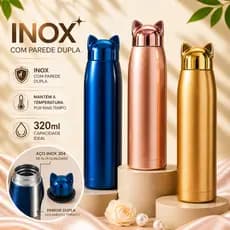 Garrafa Térmica Inox Com Alça 320ml Orellha Gato Parede Dupla Gateiros Orelinhas Felinas Presente Gatinho