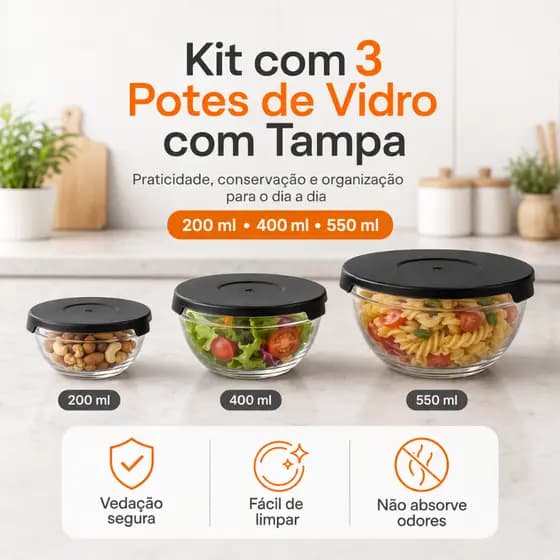 Jogo De 3 Potes De Vidro Com Tampa Alimento Cozinha Armazenamento Bowls