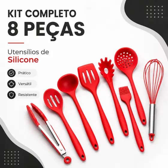 Kit 8 Utensílios de Cozinha Silicone Vermelho Resistente Completo Cozinha Casa Enxoval