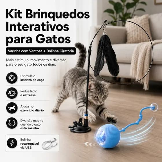 Kit Varinha Ventosa Fixa + Bolinha Giratoria Automatica Pet Gato Cachorro Interativa Antiestresse