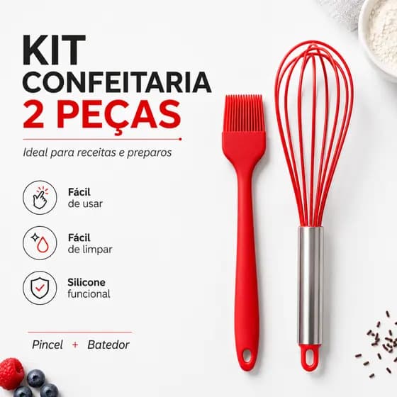 Kit Confeitaria 2 Utensilios Pincel Batedor de Claras Silicone Resistente Cozinha Maciço PãoDuro