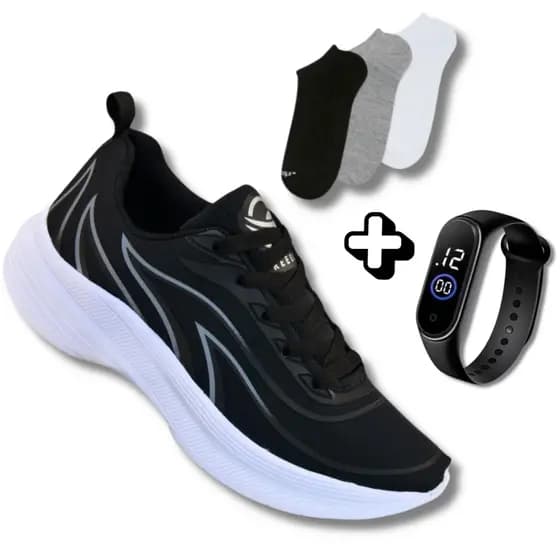 Kit Completo Unissex: Tênis Corrida + Meia + Relógio Estiloso