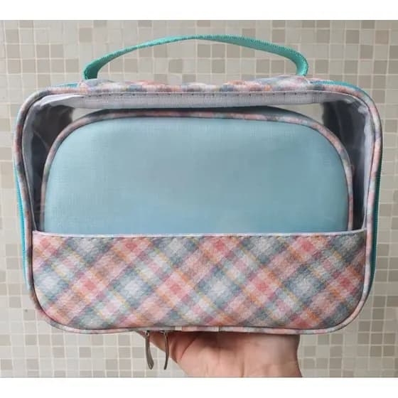 Kit necessaires 2 peças, organizador de mala e bolsa sintético impermeável turquesa e xadrez candy