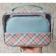 Kit necessaires 2 peças, organizador de mala e bolsa sintético impermeável turquesa e xadrez candy