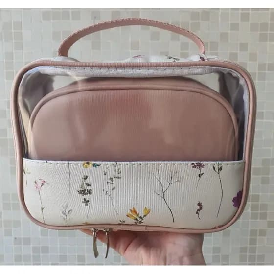 Kit nécessaires 2 peças, organizador de mala e bolsa floral off white e rosê