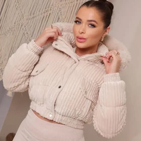 Jaqueta Puffer Cotelê Feminina Com Capuz Removível Com Gola Felpuda Moda Gringa