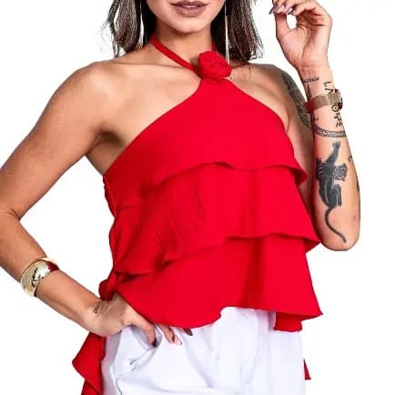 Blusinha Bata De Flor Com Babados Regulador No Pescoço Tecido Duna