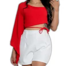 Cropped Uma Manga Só Longa Modelo Mula Manca Assimétrica Blusinha Feminina Amarra Nas Costas
