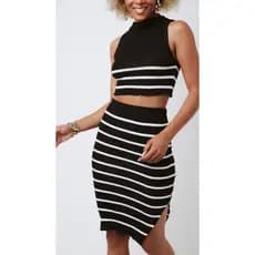 Conjunto Feminino Listrado Regata Cropped Saia Tricot Modal