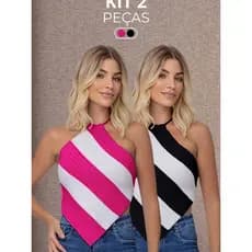 Kit 2 Top Lenço Listrado Cropped Feminino Tricot Modal Moda Blogueira Tendencia