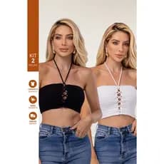 Kit 2 Top Cropped Feminino Tricot Modal Cadarço Moda Verão Tendência