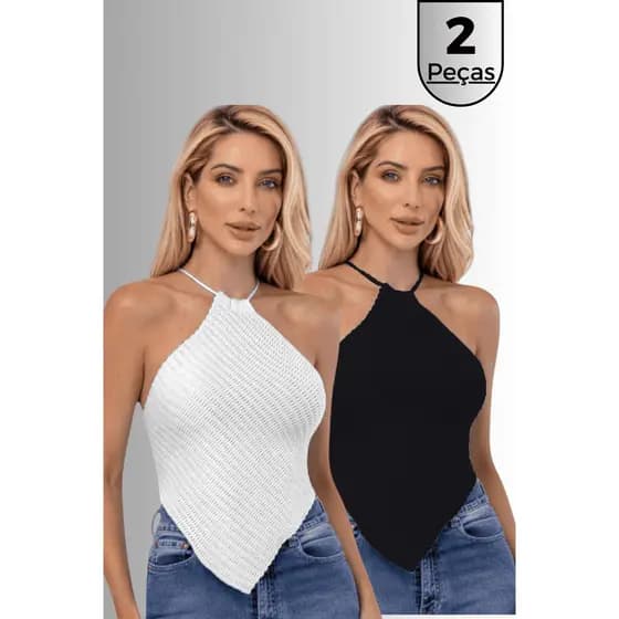 Kit 2 Top Cropped Lenço Feminino Tricot Modal Casul Tendencia