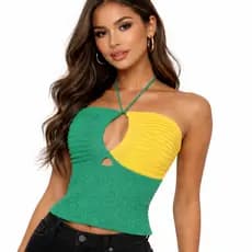 Top Tricot Feminino Verde Amarelo Estilo Brasil Copa Decote