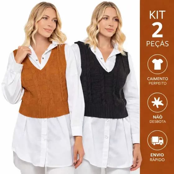 Kit 2 Colete Tricot Feminino Modal Premium Gola V Macio Confortável Datalhe Tanças Eelegante