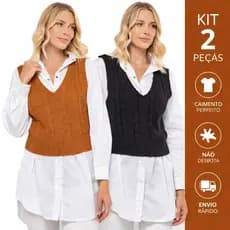 Kit 2 Colete Tricot Feminino Modal Premium Gola V Macio Confortável Datalhe Tanças Eelegante