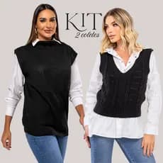 Kit 2 Coletes Femininos Tricot Premium Casual Elegante Moda Inverno Alongado Decote V