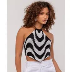 Cropped Feminino Tricot Estampa Ondas Top Frente Única Modal Moda Verão
