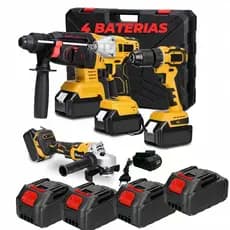 Kit 4em1 Ferramentas Martelete Esmerilhadeira Lixadeira Parafusadeira Chave Impacto Bateria 96v