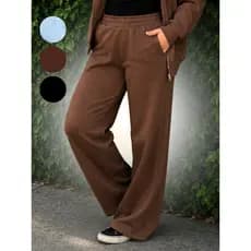 Calça Pantalona Feminina Wide Leg Cintura Alta Larga de Moletom Confortável Estilosa e Macia Plus