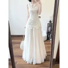 Vestido Longo Branco de Verão 2026, Estilo Francês, Elegante e Luxuoso, Sem Mangas, com Renda, Cintura Alta, Modelo A-li