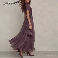 Vestido Longo Vintage de Renda Sólida em Corte A para Mulheres, Decote Redondo, Cintura Alta, Vestido de Festa Plissado
