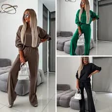 Novo conjunto de roupa de casa folgada em cor sólida para mulheres, composto por blusa casual de manga comprida e gola r