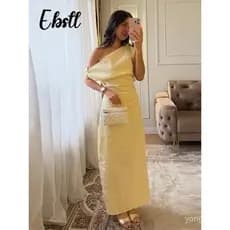 Vestido Elegante Feminino de Um Ombro Só com Decote Assimétrico, Sem Mangas, Cintura Marcada, Fenda e Comprimento Longo
