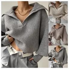 Suéter de malha feminino popular para primavera e outono de 2026, estilo europeu e americano, com gola dobrada.