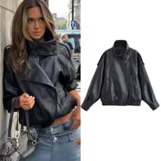 Jaqueta Feminina Preta de Couro Sintético Texturizado, Estilo Motociclista, Manga Longa, Elegante, Nova Coleção Outono 2