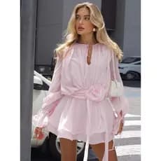 Vestido Elegante Nibber com Decoração de Flores 3D para Mulheres, Estilo Doce Y2K, Manga Longa, Franzido com Laço, Fashi