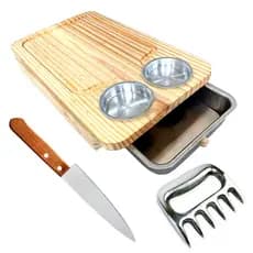 Kit Churrasco Tábua Madeira Clara 2 Potes Faca Garra Urso