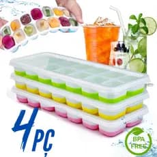 Kit 1-4 Formas de Gelo Silicone com Tampa Rígida Flexível Fundo 14 Cubos Retangular Multiuso Lavável sortidas