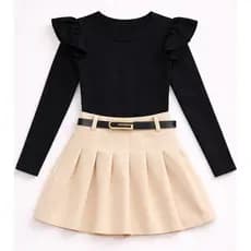 Conjunto Infantil 2 Peças blusa manga longa + short saia com cinto Menina tamanhos 4,6,8,10,12