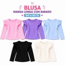 Blusa Infantil Manga Longa Babado Canelada Menina 4 ao 12 moda Outono Inverno
