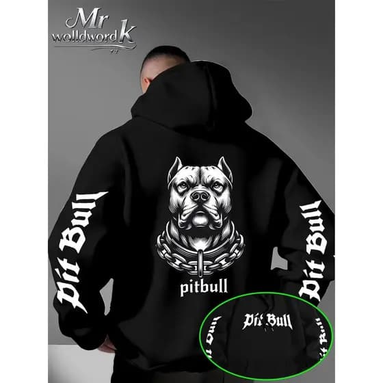Blusa Casaco Moletom Frio Canguru Bolso Capuz Streetwear Casual Masculino Unissex Estampa PitBull Manga over Moda Estilo