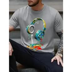 Camiseta Masculina Casual Algodão Premium Fone Ouvido Derretido Color Dj Headset Gamer Plus Size