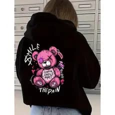 Blusa Casaco Moletom Frio Canguru Bolso Capuz Streetwear Casual feminino Unissex Estampa Urso Smile Rosa Pink New Over