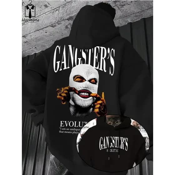 Blusa Casaco Moletom Frio Canguru Bolso Capuz Streetwear Casual Masculino Unissex Estampa Gangster Evolution Bandido